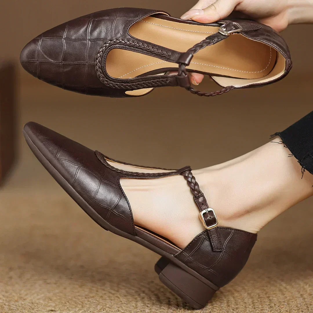 Women’s Pointed Toe T-Bar Strap Shoes with Braided Trim