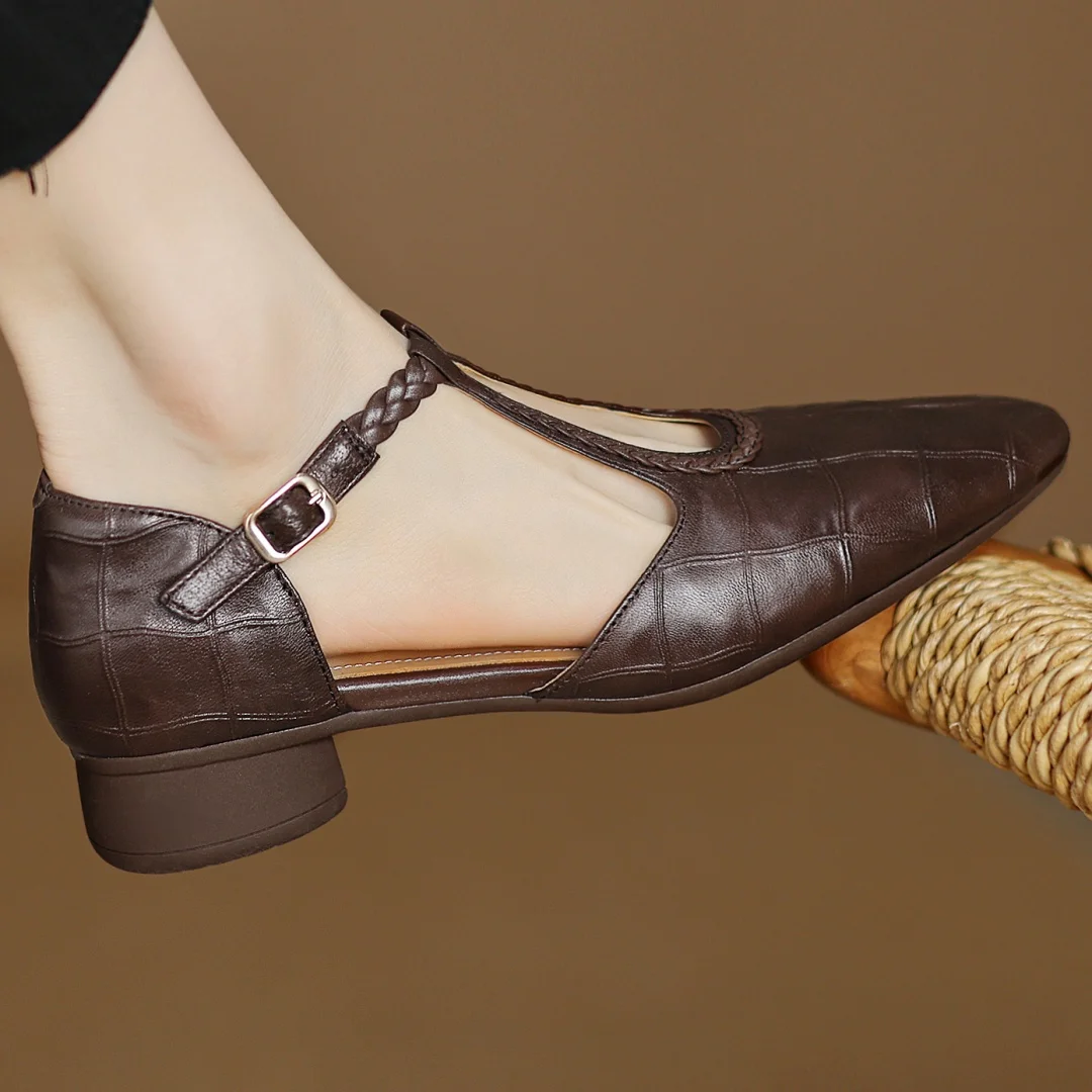 Women’s Pointed Toe T-Bar Strap Shoes with Braided Trim
