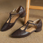 Women’s Pointed Toe T-Bar Strap Shoes with Braided Trim