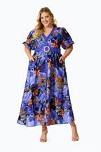 Women's Floral Midi Dress with Puff Sleeves and Waist Belt