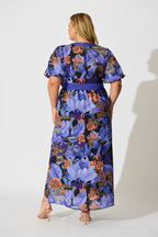 Women's Floral Midi Dress with Puff Sleeves and Waist Belt