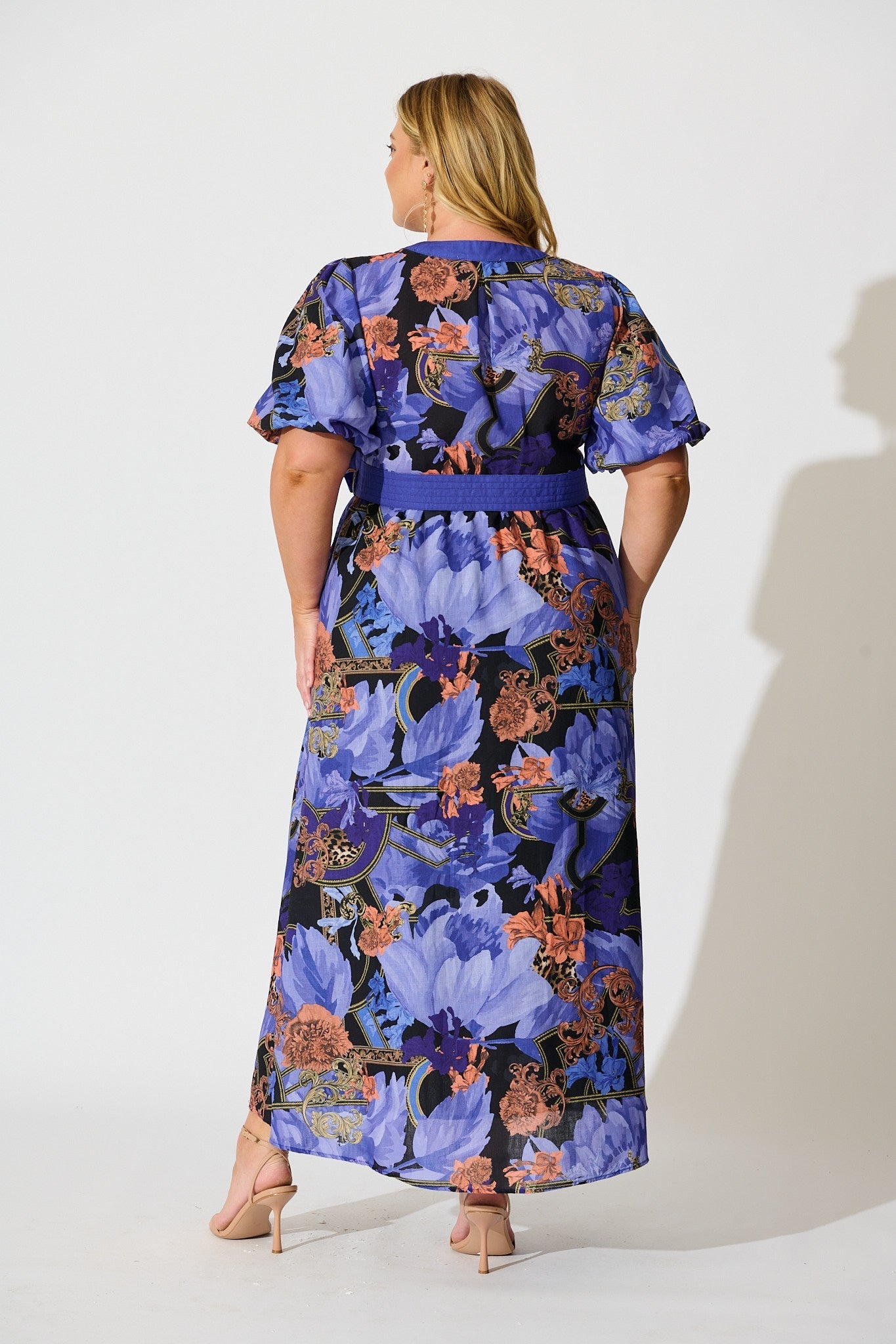 Women's Floral Midi Dress with Puff Sleeves and Waist Belt