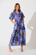 Women's Floral Midi Dress with Puff Sleeves and Waist Belt