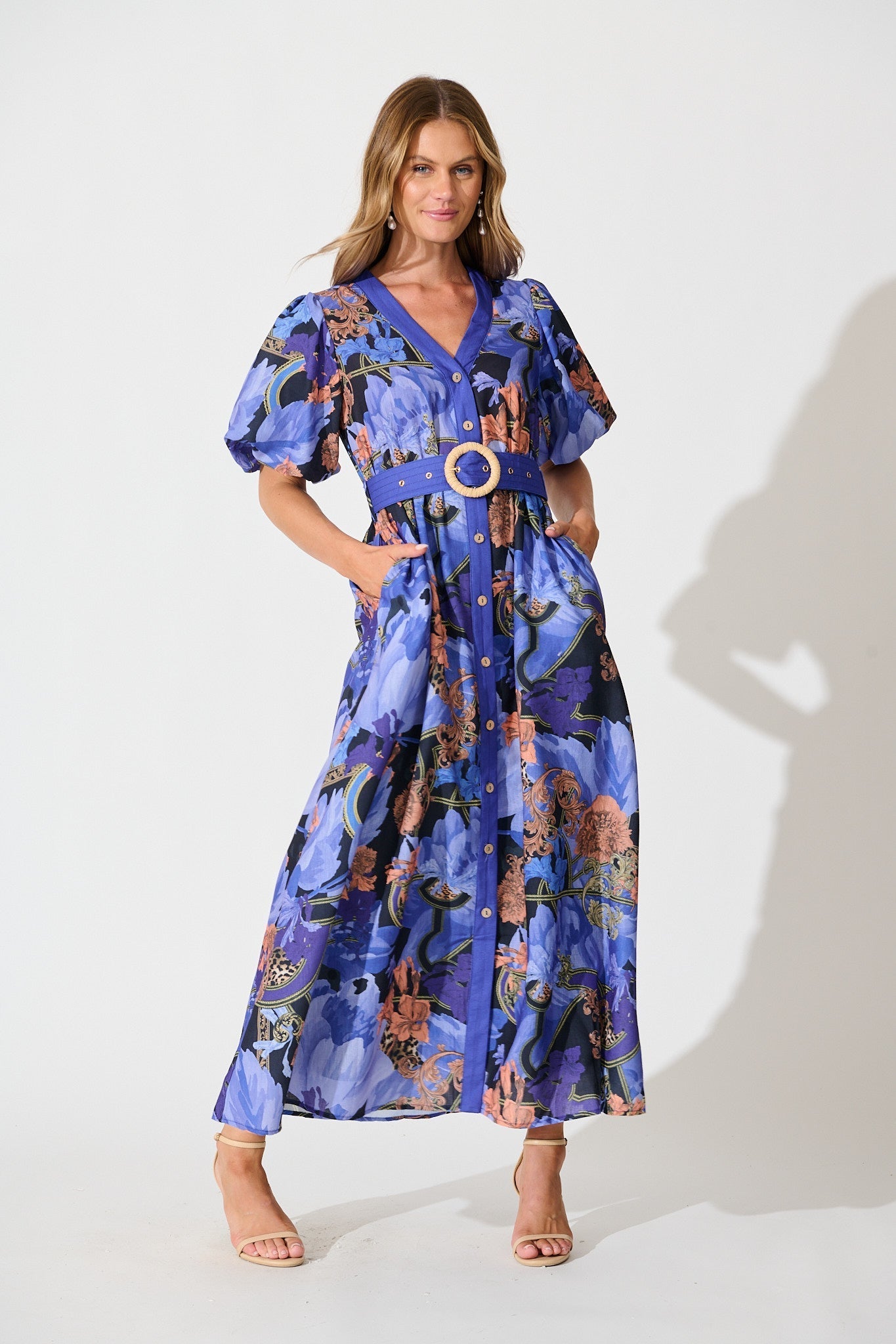 Women's Floral Midi Dress with Puff Sleeves and Waist Belt