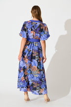 Women's Floral Midi Dress with Puff Sleeves and Waist Belt
