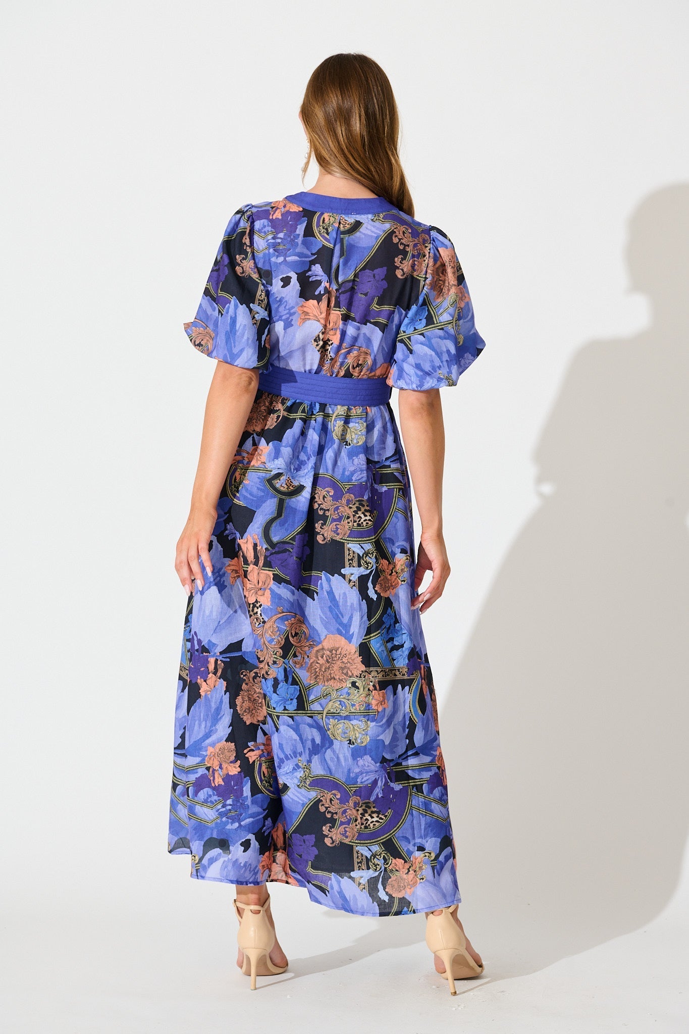 Women's Floral Midi Dress with Puff Sleeves and Waist Belt