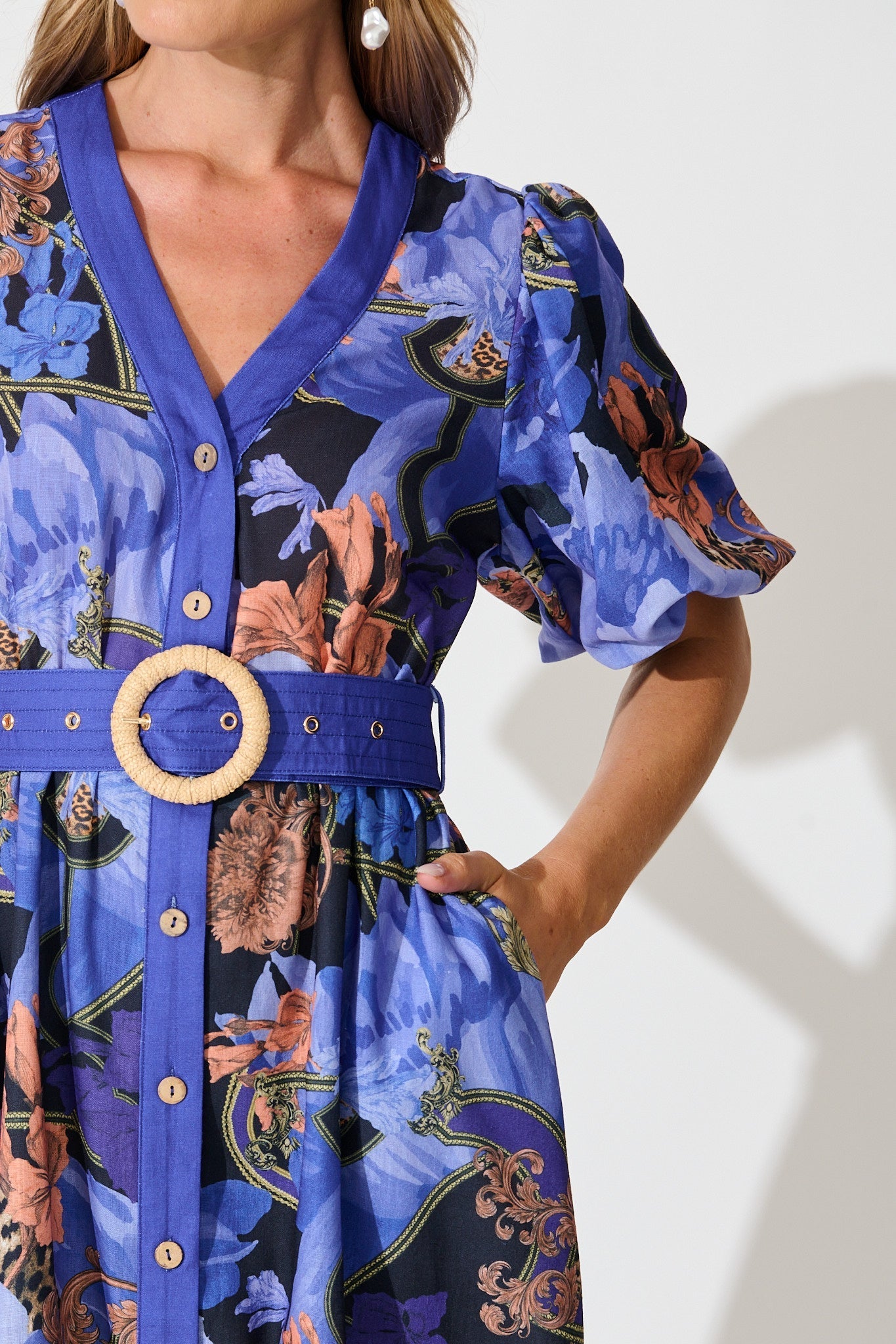 Women's Floral Midi Dress with Puff Sleeves and Waist Belt