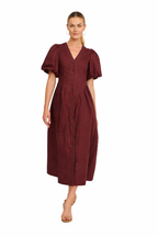 Women's Puff Sleeve Maxi Dress with Button Front and Elastic Back
