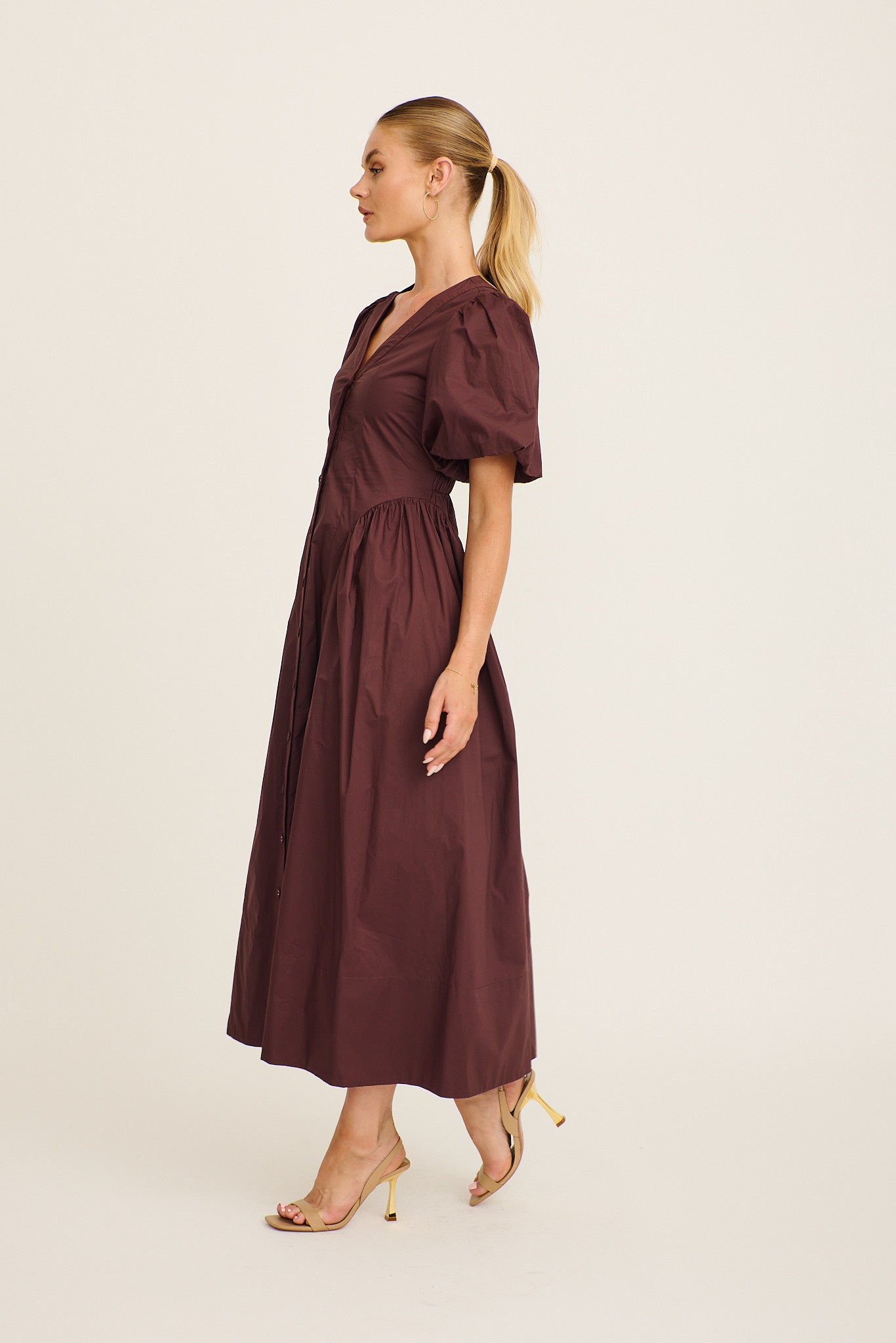Women's Puff Sleeve Maxi Dress with Button Front and Elastic Back