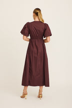 Women's Puff Sleeve Maxi Dress with Button Front and Elastic Back