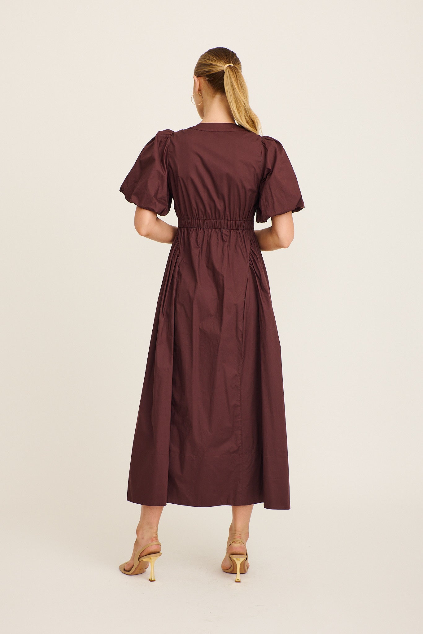 Women's Puff Sleeve Maxi Dress with Button Front and Elastic Back