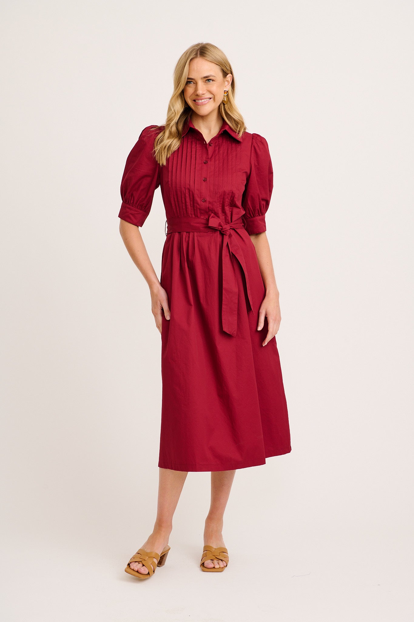 Women’s Collared Button Front Tie Waist Midi Dress