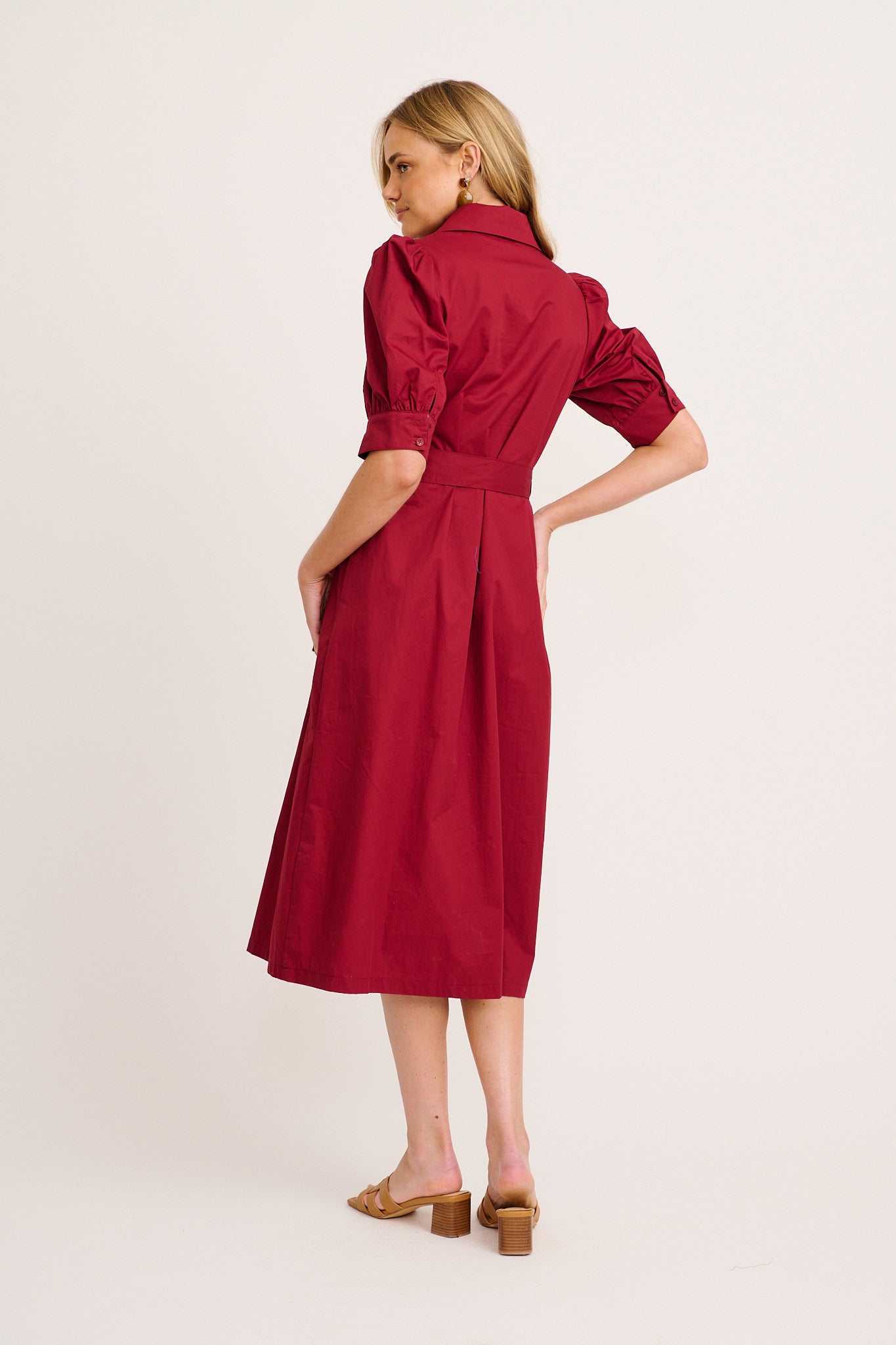 Women’s Collared Button Front Tie Waist Midi Dress
