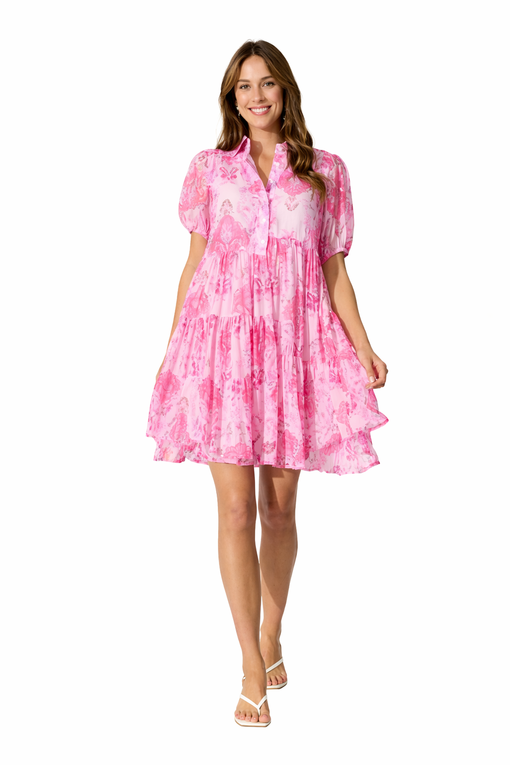 Women's Tiered Puff Sleeve Mini Dress with Button Front