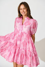 Women's Tiered Puff Sleeve Mini Dress with Button Front