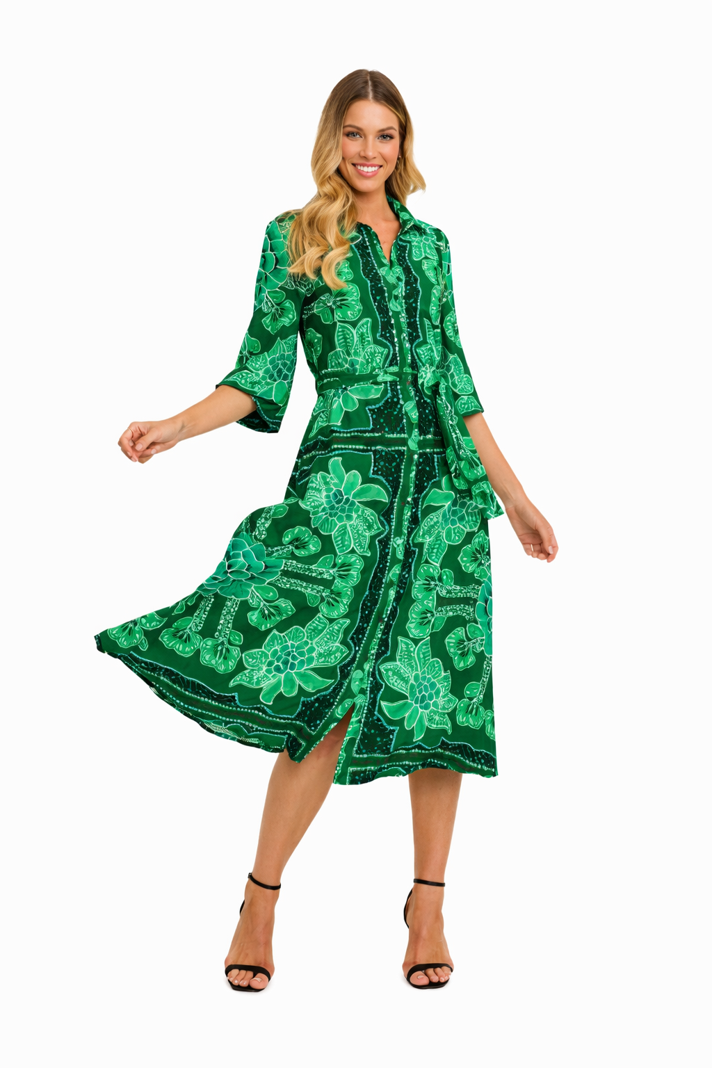 Women's Button-Through Midi Dress with Waist Tie and Panel Skirt