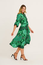 Women's Button-Through Midi Dress with Waist Tie and Panel Skirt