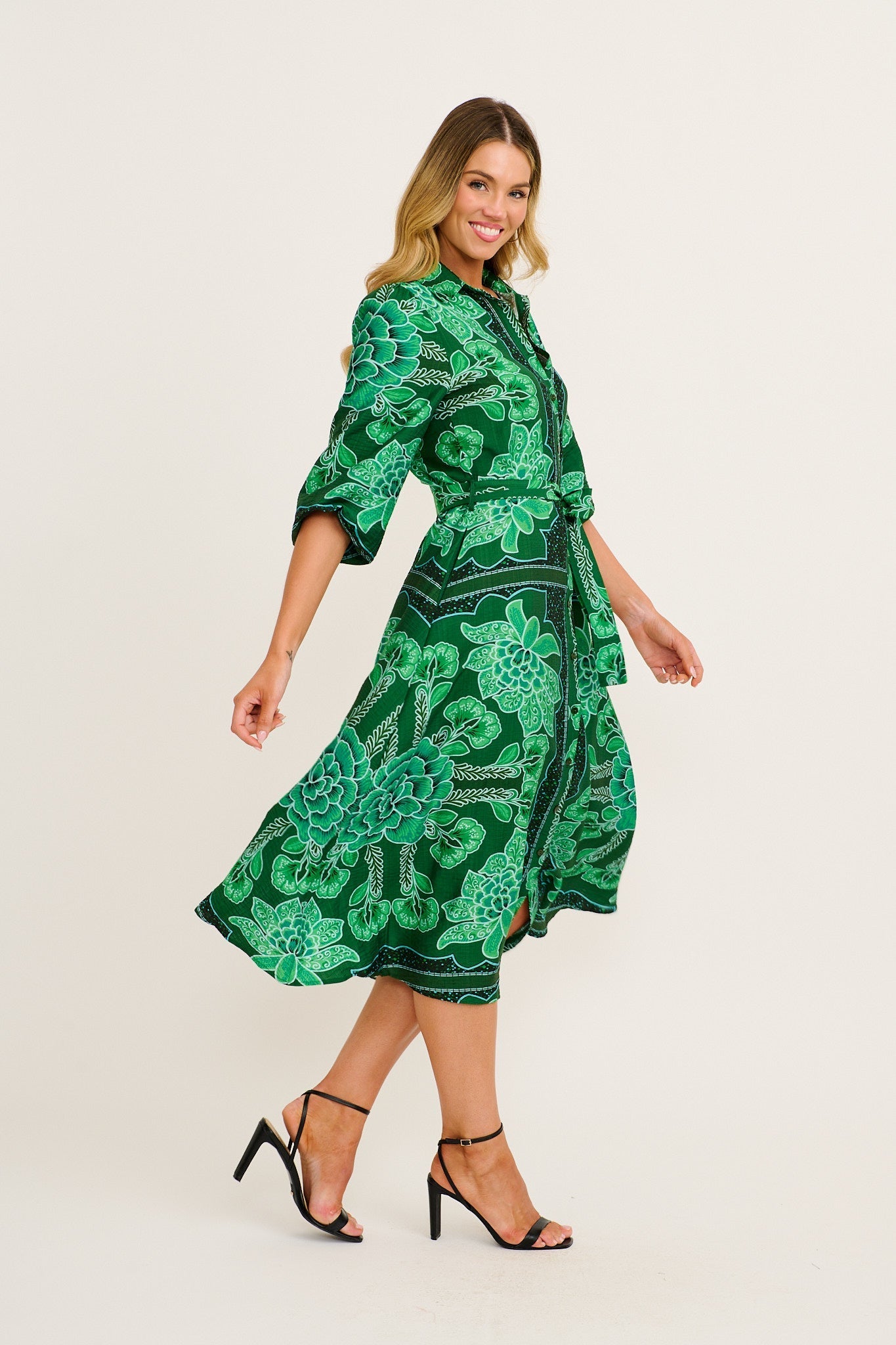 Women's Button-Through Midi Dress with Waist Tie and Panel Skirt