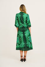 Women's Button-Through Midi Dress with Waist Tie and Panel Skirt