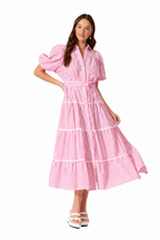 Women’s Collared Puff Sleeve Tie Waist Tiered Midi Dress
