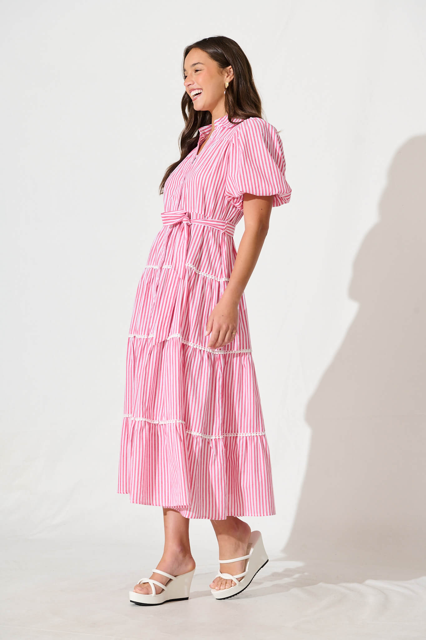 Women’s Collared Puff Sleeve Tie Waist Tiered Midi Dress