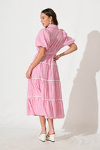 Women’s Collared Puff Sleeve Tie Waist Tiered Midi Dress