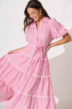 Women’s Collared Puff Sleeve Tie Waist Tiered Midi Dress