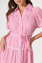 Women’s Collared Puff Sleeve Tie Waist Tiered Midi Dress
