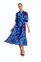 Women's Tiered Midi Dress with Elastic Waist and Puff Sleeves