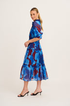 Women's Tiered Midi Dress with Elastic Waist and Puff Sleeves
