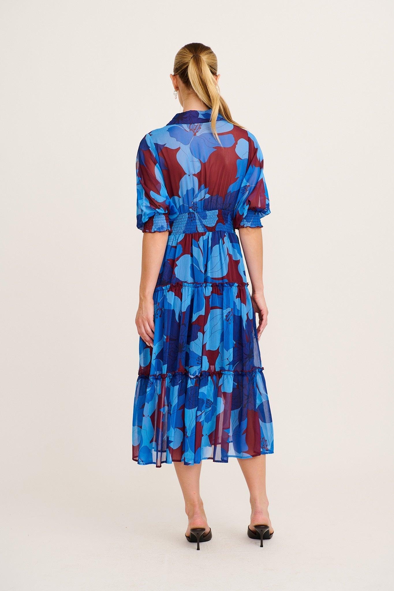 Women's Tiered Midi Dress with Elastic Waist and Puff Sleeves