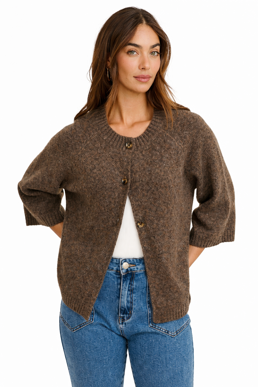 Women's Knit Cardigan with Button Front and Three Quarter Sleeves