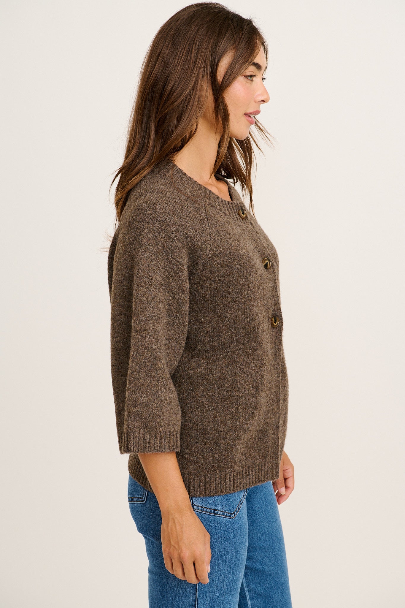 Women's Knit Cardigan with Button Front and Three Quarter Sleeves