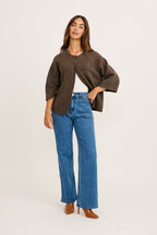 Women's Knit Cardigan with Button Front and Three Quarter Sleeves