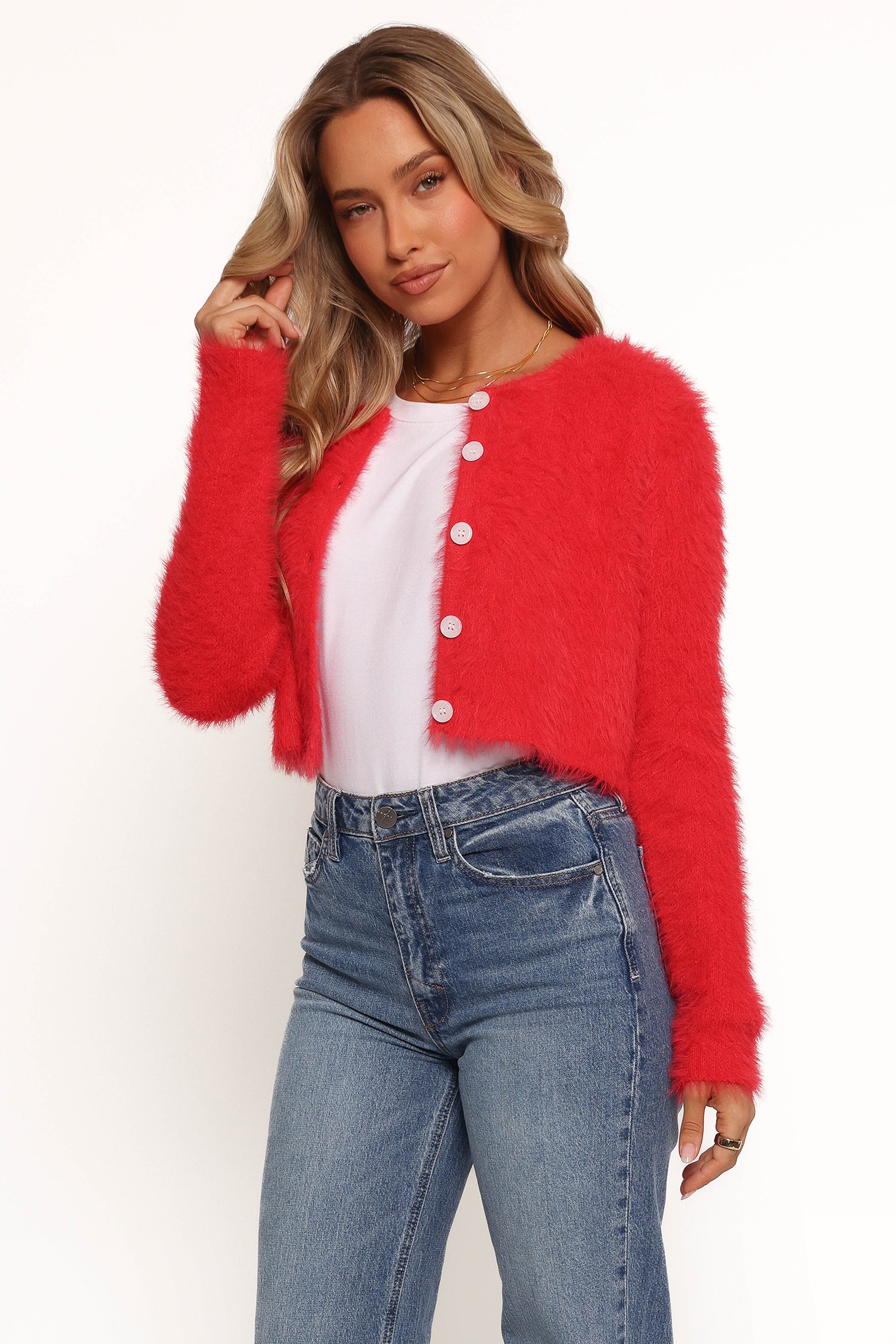 Women’s Cropped Fuzzy Button-Front Cardigan