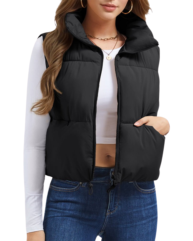Women’s Cropped Puffer Vest with Stand Collar