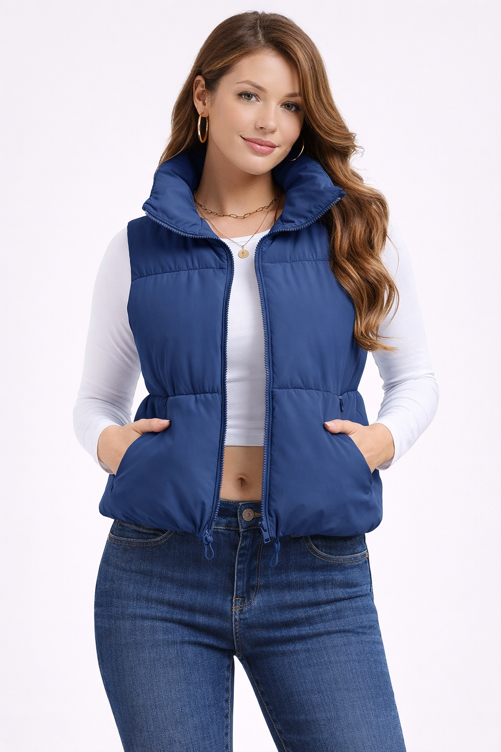 Women’s Cropped Puffer Vest with Stand Collar