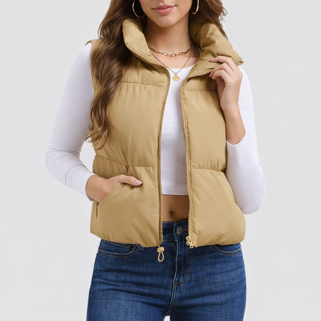 Women’s Cropped Puffer Vest with Stand Collar