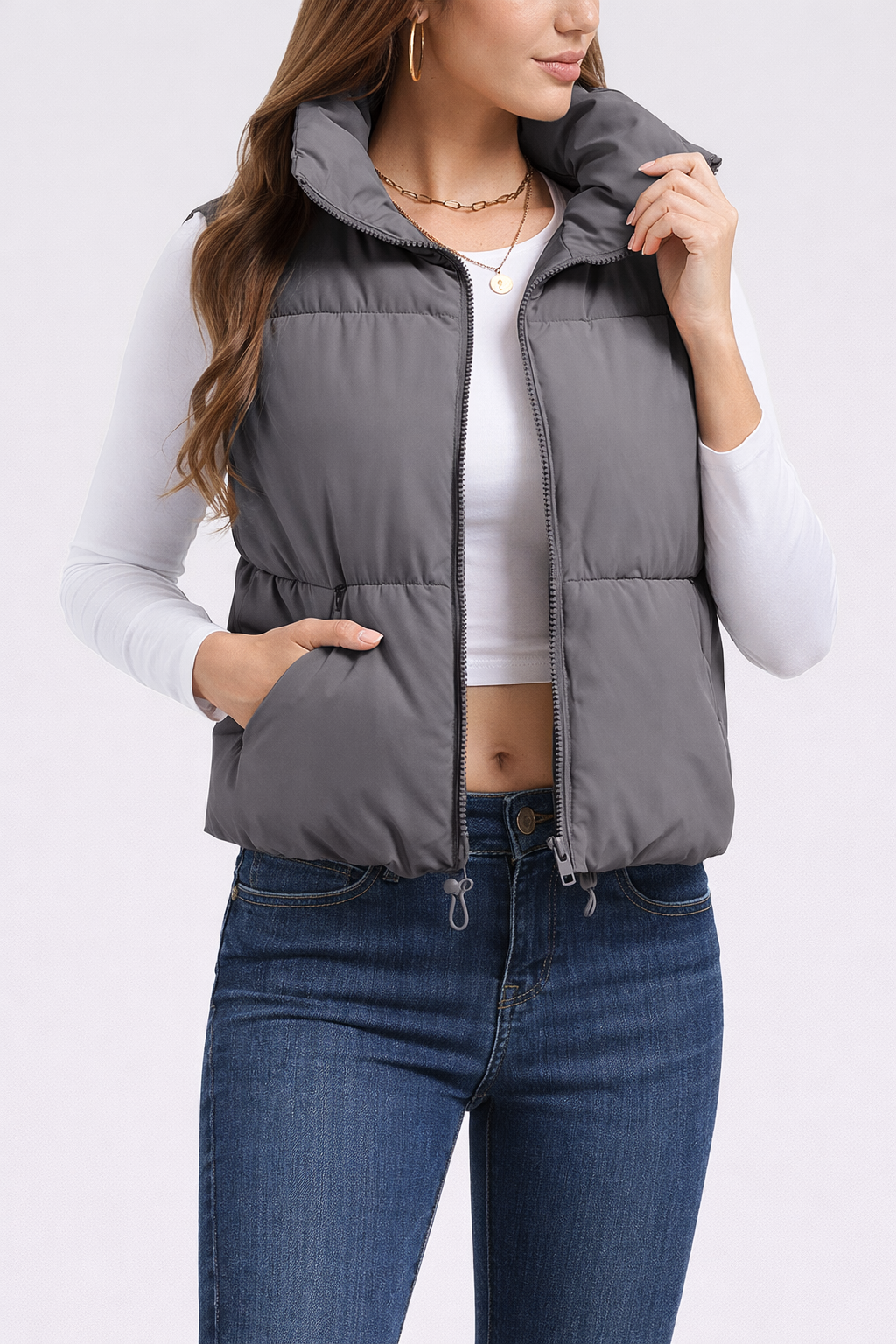Women’s Cropped Puffer Vest with Stand Collar