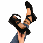 Women’s Rounded Toe Cross Strap Flats with Low Wedge Sole