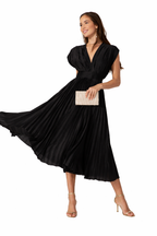 Women’s Deep V Pleated Cap Sleeve Midi Dress