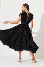 Women’s Deep V Pleated Cap Sleeve Midi Dress