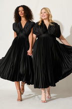 Women’s Deep V Pleated Cap Sleeve Midi Dress