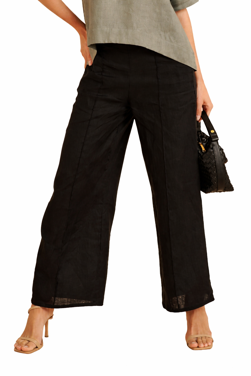 Women's Cropped Wide-Leg Pants with Elasticated Back Waistband and Front Pleats