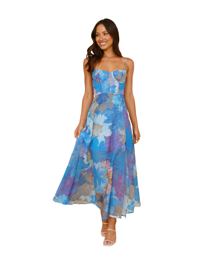 Women’s Floral Maxi Dress with Underwire Bust and Tie Back
