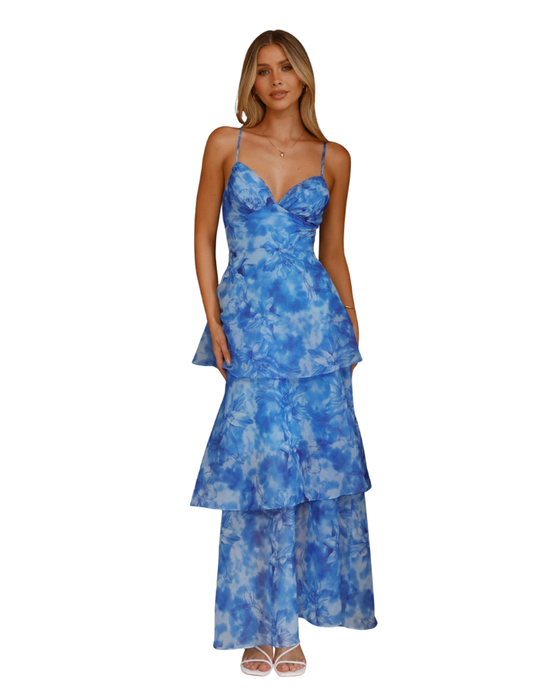 Women’s Floral Maxi Dress with V Neckline and Tiered Mesh Overlay