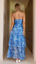 Women’s Floral Maxi Dress with V Neckline and Tiered Mesh Overlay
