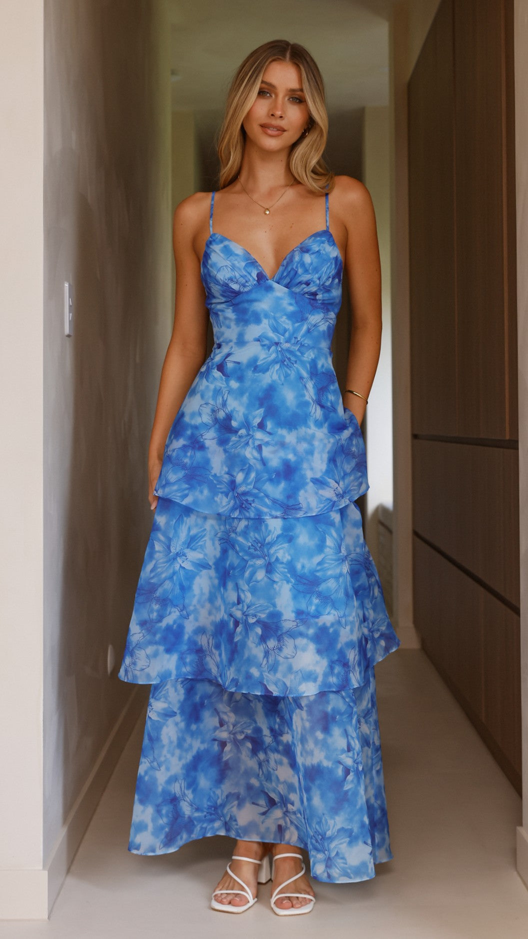 Women’s Floral Maxi Dress with V Neckline and Tiered Mesh Overlay