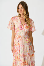 Women’s Floral Print Short Sleeve V-Neck Tiered Maxi Dress