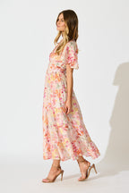 Women’s Floral Print Short Sleeve V-Neck Tiered Maxi Dress